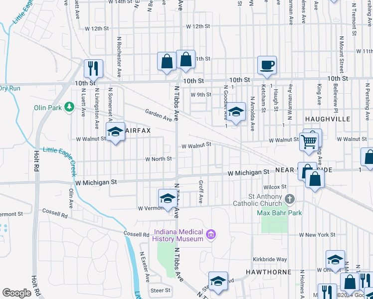 map of restaurants, bars, coffee shops, grocery stores, and more near 615D Tibbs Court in Indianapolis