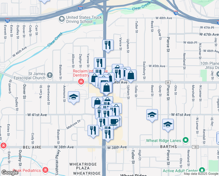 map of restaurants, bars, coffee shops, grocery stores, and more near 4350 Colorado 121 in Wheat Ridge