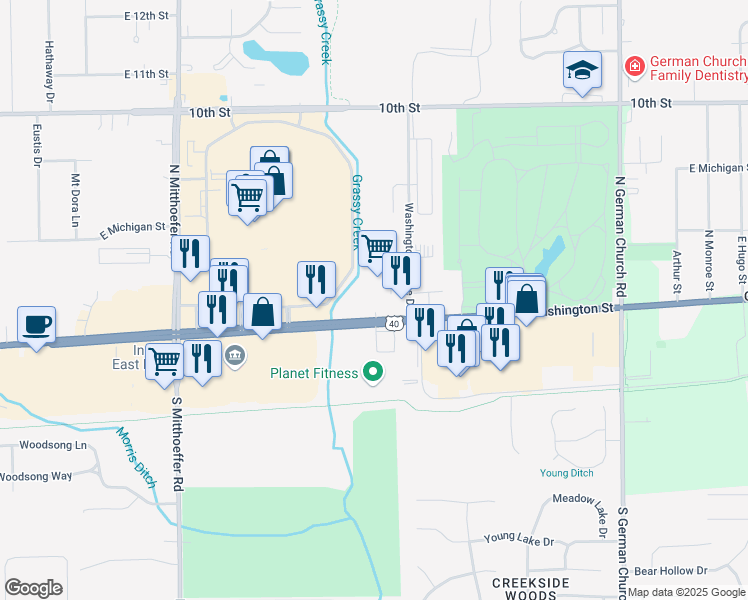 map of restaurants, bars, coffee shops, grocery stores, and more near 10450 East Washington Street in Indianapolis