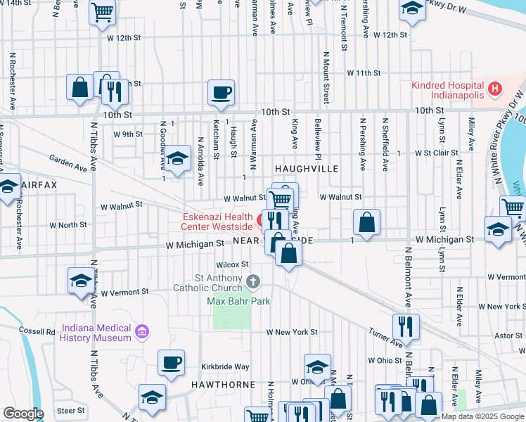 map of restaurants, bars, coffee shops, grocery stores, and more near 530 North Holmes Avenue in Indianapolis