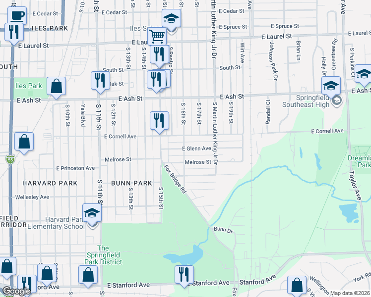map of restaurants, bars, coffee shops, grocery stores, and more near 1609 East Glenn Avenue in Springfield