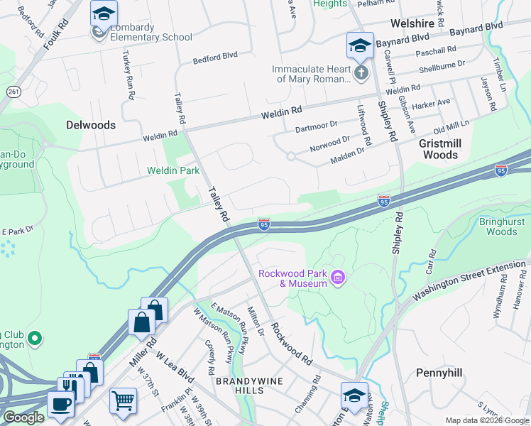 map of restaurants, bars, coffee shops, grocery stores, and more near 16 Dansfield Drive in Wilmington