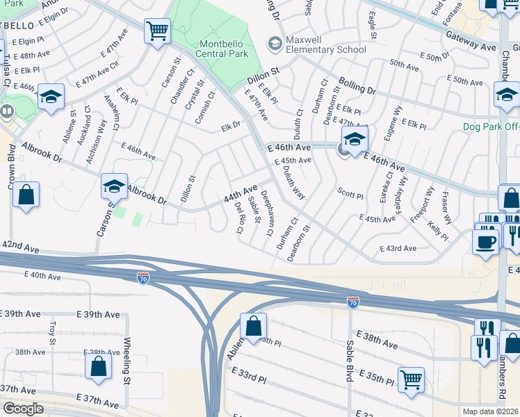 map of restaurants, bars, coffee shops, grocery stores, and more near 4344 Sable Street in Denver