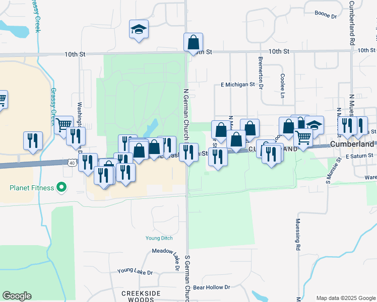 map of restaurants, bars, coffee shops, grocery stores, and more near 11000 East Washington Street in Indianapolis