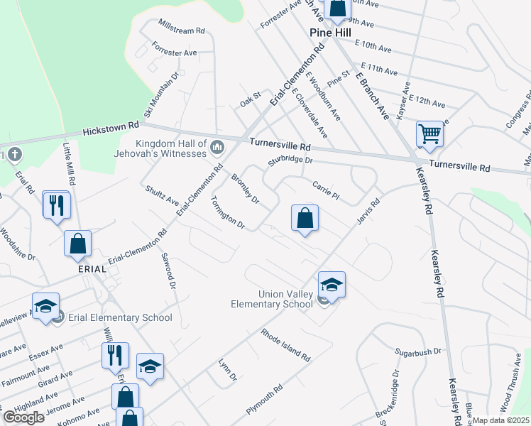map of restaurants, bars, coffee shops, grocery stores, and more near 33 Bromley Drive in Gloucester Township