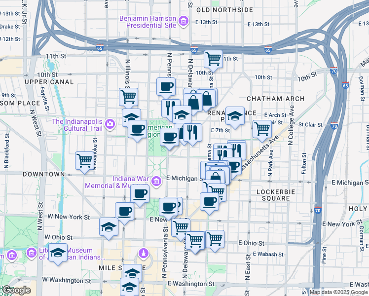 map of restaurants, bars, coffee shops, grocery stores, and more near 620 East North Street in Indianapolis