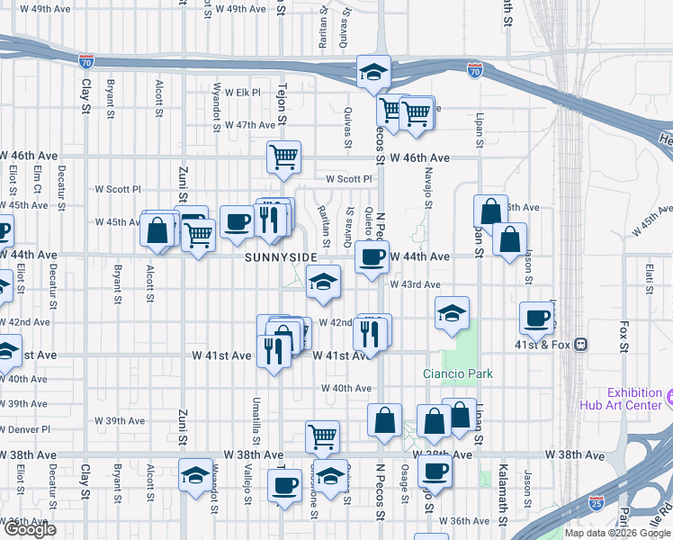 map of restaurants, bars, coffee shops, grocery stores, and more near 4305 Raritan Street in Denver