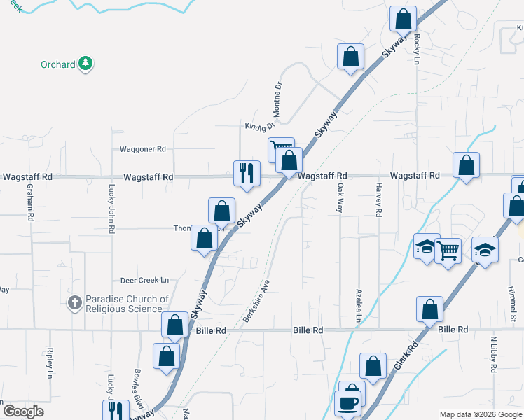 map of restaurants, bars, coffee shops, grocery stores, and more near 8030 Skyway in Paradise