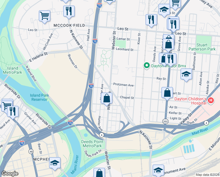 map of restaurants, bars, coffee shops, grocery stores, and more near N Keowee St & Webster St in Dayton
