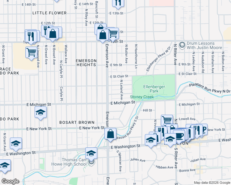map of restaurants, bars, coffee shops, grocery stores, and more near 5127 East North Street in Indianapolis