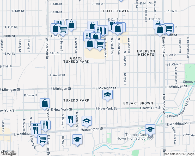 map of restaurants, bars, coffee shops, grocery stores, and more near 520 North Euclid Avenue in Indianapolis