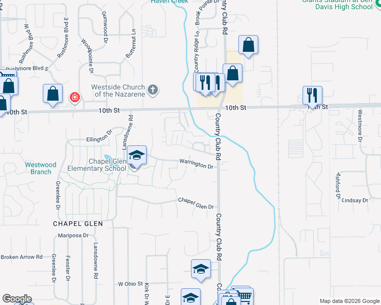 map of restaurants, bars, coffee shops, grocery stores, and more near 8410 Warrington Drive in Indianapolis
