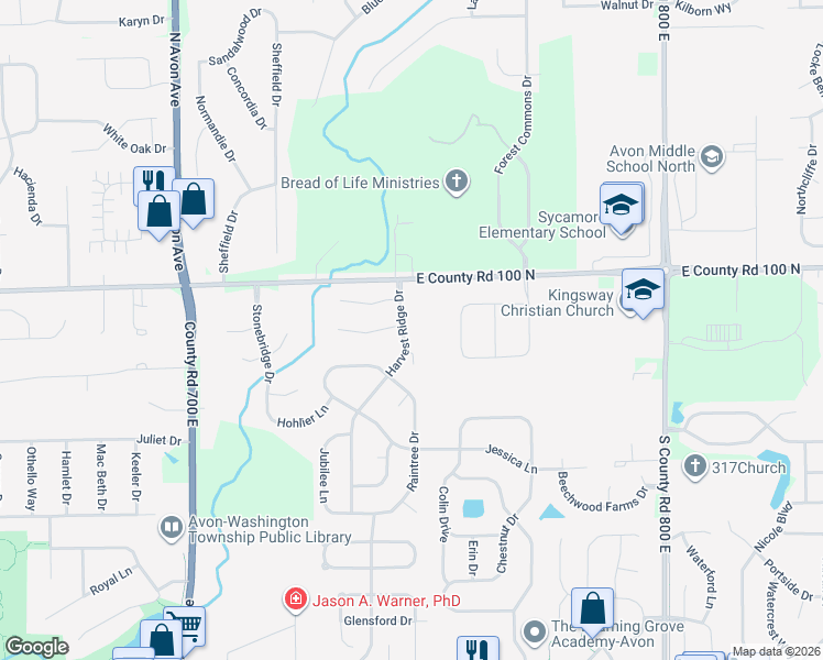 map of restaurants, bars, coffee shops, grocery stores, and more near 863 Harvest Ridge Circle in Avon