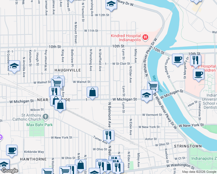 map of restaurants, bars, coffee shops, grocery stores, and more near 554 North Belmont Avenue in Indianapolis