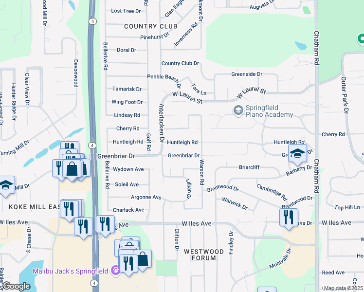 map of restaurants, bars, coffee shops, grocery stores, and more near 2200-2498 Greenbriar Dr in Springfield