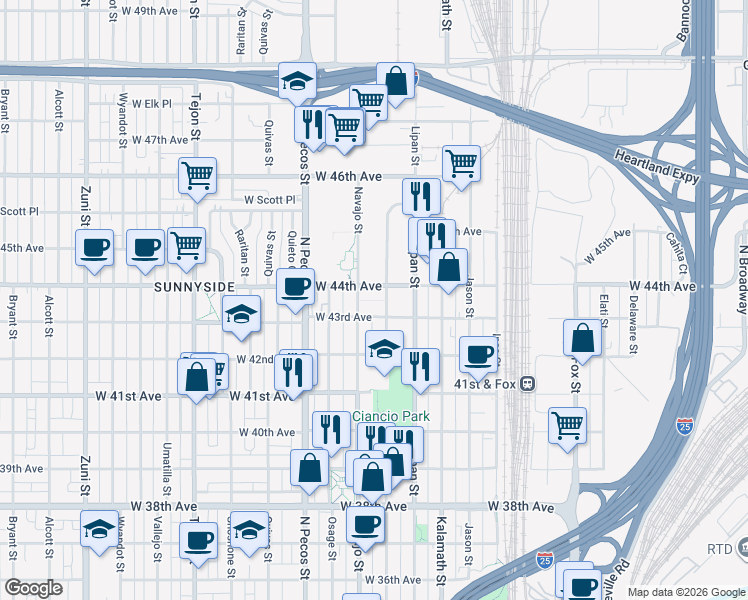 map of restaurants, bars, coffee shops, grocery stores, and more near 4240 Mariposa Street in Denver