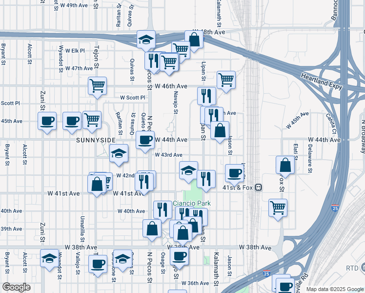 map of restaurants, bars, coffee shops, grocery stores, and more near 4240 Mariposa Street in Denver