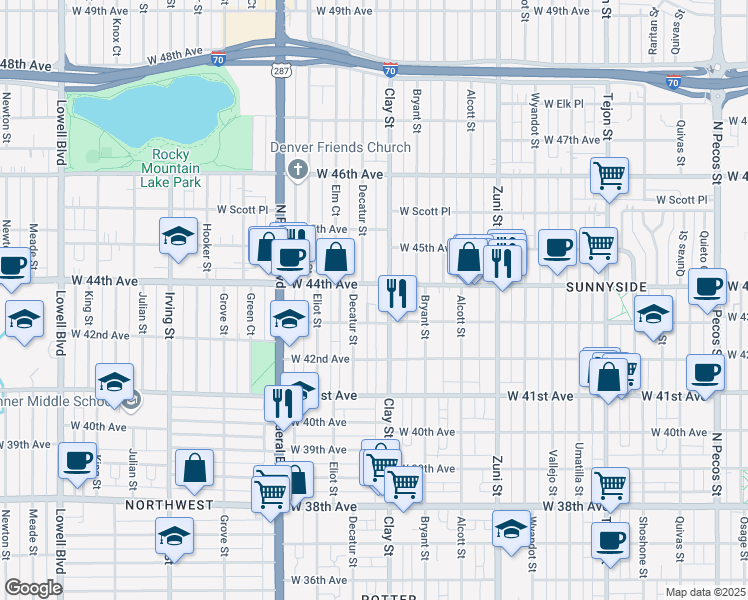 map of restaurants, bars, coffee shops, grocery stores, and more near 2723 West 43rd Avenue in Denver