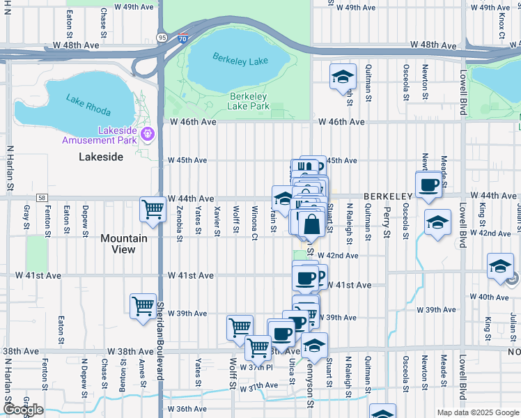 map of restaurants, bars, coffee shops, grocery stores, and more near 4337 Vrain Street in Denver