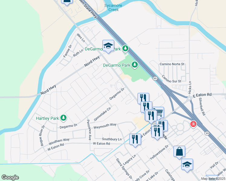 map of restaurants, bars, coffee shops, grocery stores, and more near 100 Degarmo Drive in Chico