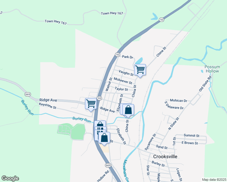map of restaurants, bars, coffee shops, grocery stores, and more near 419 North Buckeye Street in Crooksville