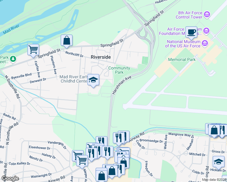 map of restaurants, bars, coffee shops, grocery stores, and more near 743 Old Harshman Road in Dayton