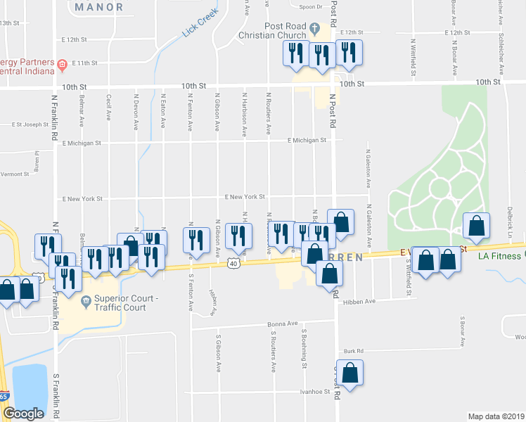 map of restaurants, bars, coffee shops, grocery stores, and more near 101 North Routiers Avenue in Indianapolis