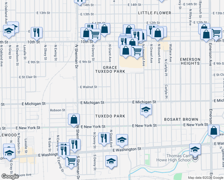 map of restaurants, bars, coffee shops, grocery stores, and more near 521 North Grant Avenue in Indianapolis