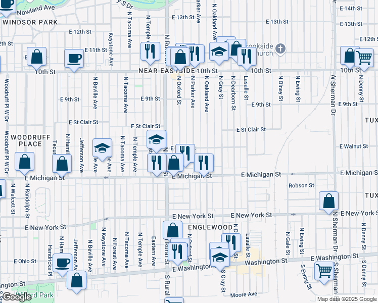 map of restaurants, bars, coffee shops, grocery stores, and more near 533 North Oxford Street in Indianapolis
