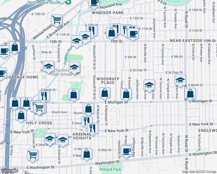 map of restaurants, bars, coffee shops, grocery stores, and more near 585 Woodruff Place Middle Drive in Indianapolis