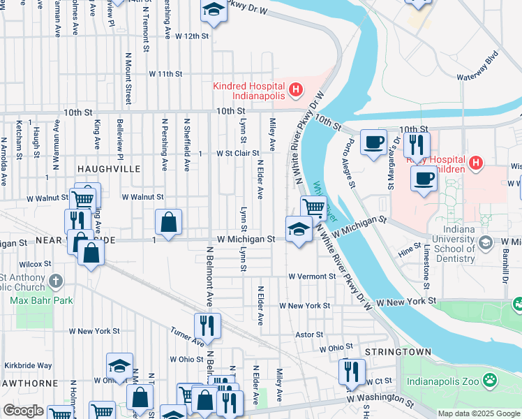 map of restaurants, bars, coffee shops, grocery stores, and more near 529 Lynn Street in Indianapolis