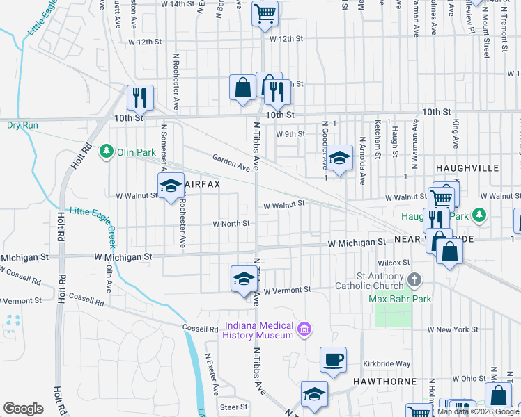 map of restaurants, bars, coffee shops, grocery stores, and more near 615D Tibbs Court in Indianapolis
