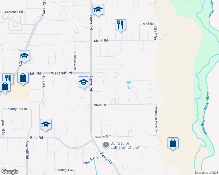 map of restaurants, bars, coffee shops, grocery stores, and more near 1787 Whitaker Road in Paradise