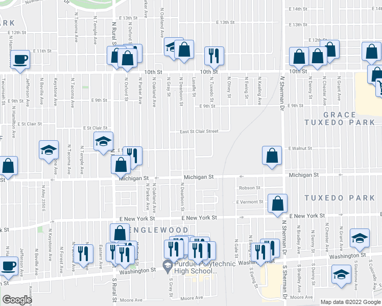 map of restaurants, bars, coffee shops, grocery stores, and more near 556 North Lasalle Street in Indianapolis