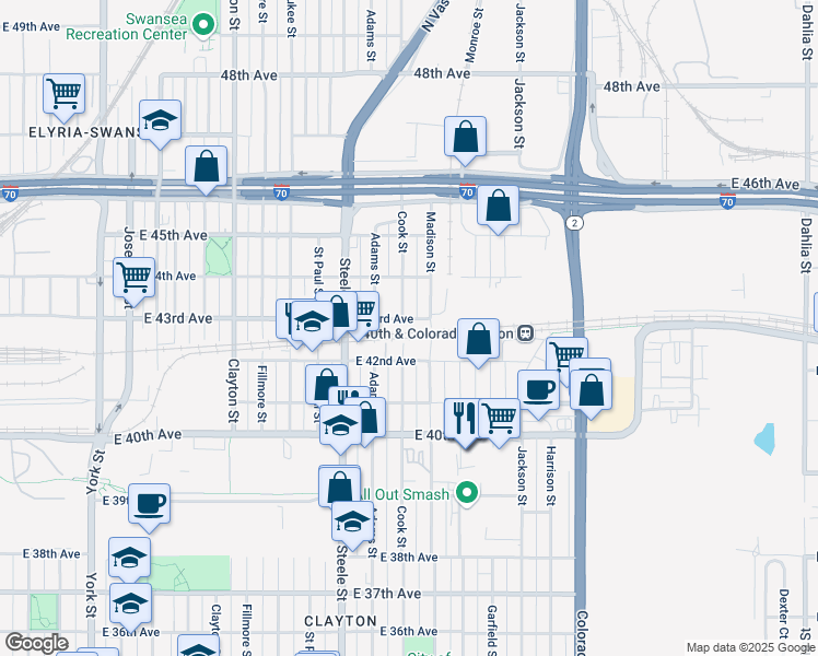 map of restaurants, bars, coffee shops, grocery stores, and more near 4230 Cook Street in Denver