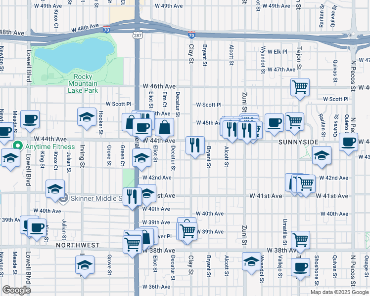 map of restaurants, bars, coffee shops, grocery stores, and more near 4373 Clay Street in Denver