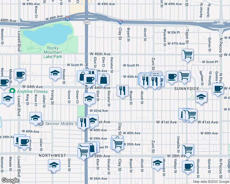 map of restaurants, bars, coffee shops, grocery stores, and more near 2723 West 43rd Avenue in Denver