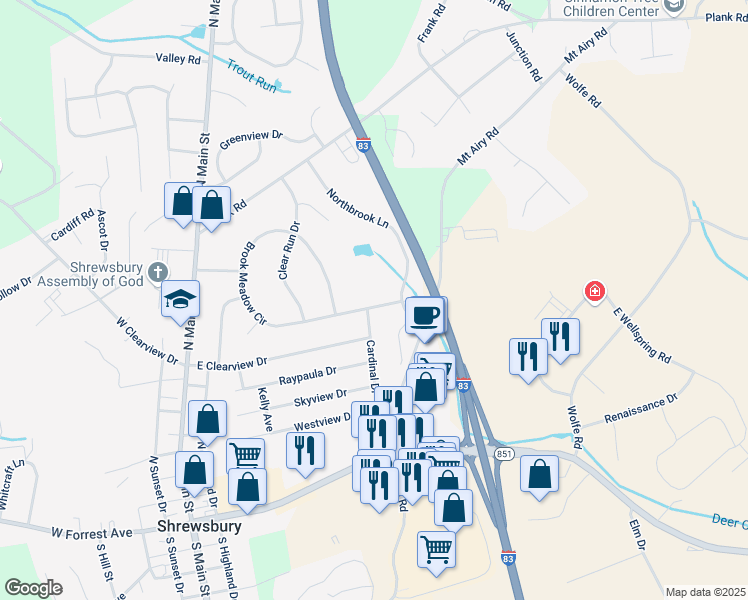 map of restaurants, bars, coffee shops, grocery stores, and more near 107 Brook Meadow Cir in Shrewsbury