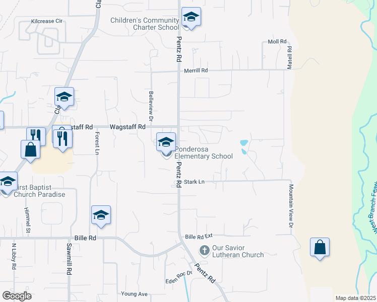 map of restaurants, bars, coffee shops, grocery stores, and more near 6620 Pentz Road in Paradise