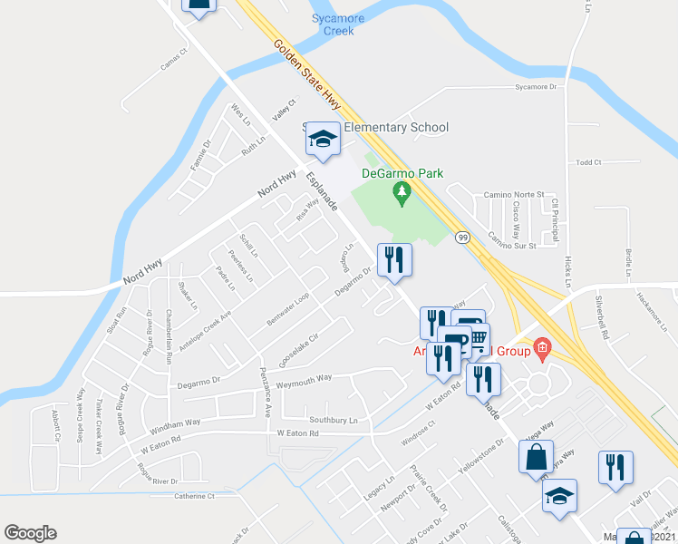 map of restaurants, bars, coffee shops, grocery stores, and more near 3313 Bodero Lane in Chico