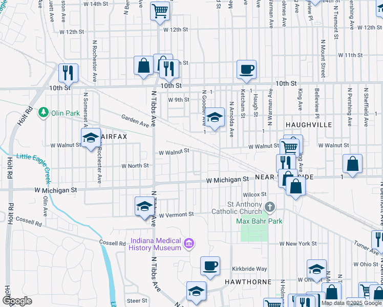 map of restaurants, bars, coffee shops, grocery stores, and more near 538 North Goodlet Avenue in Indianapolis