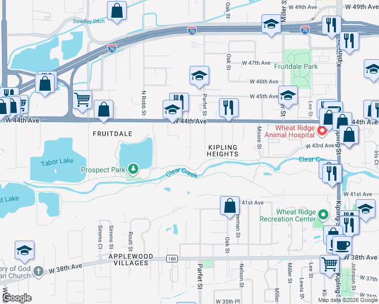 map of restaurants, bars, coffee shops, grocery stores, and more near 4255 Pierson Street in Wheat Ridge