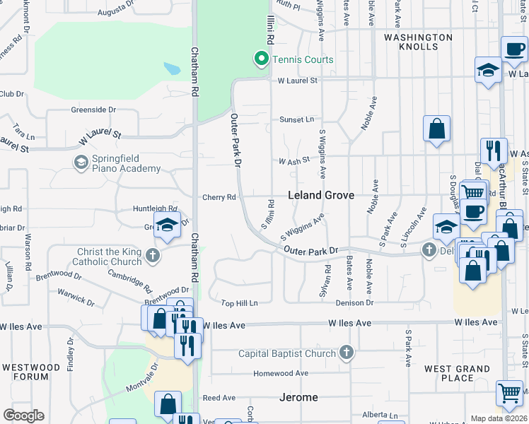 map of restaurants, bars, coffee shops, grocery stores, and more near 2150 South Illini Road in Leland Grove
