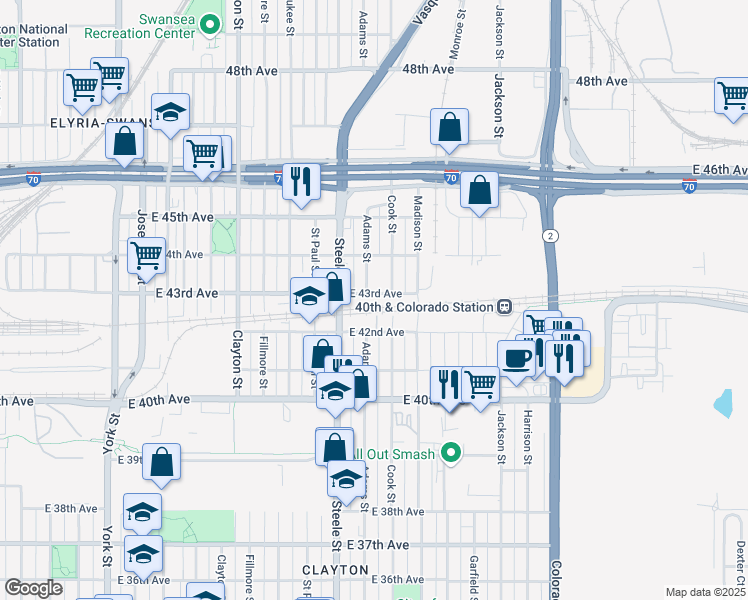 map of restaurants, bars, coffee shops, grocery stores, and more near 3225 East 42nd Avenue in Denver