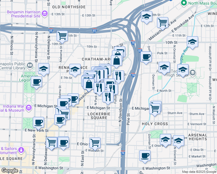 map of restaurants, bars, coffee shops, grocery stores, and more near 617 North College Avenue in Indianapolis