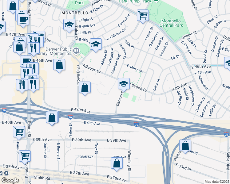 map of restaurants, bars, coffee shops, grocery stores, and more near 4255 Carson Street in Denver
