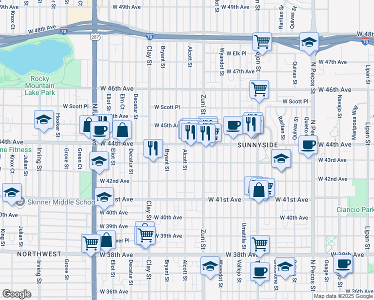 map of restaurants, bars, coffee shops, grocery stores, and more near 2535 West 43rd Avenue in Denver