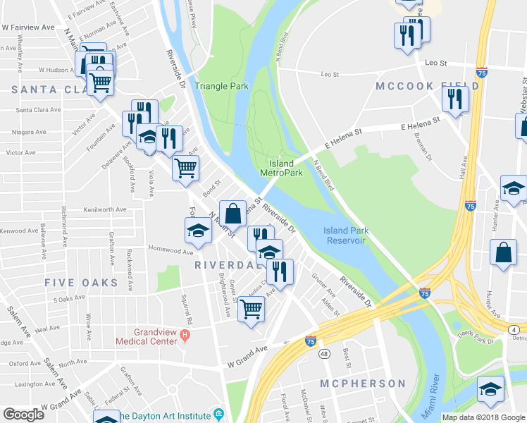 map of restaurants, bars, coffee shops, grocery stores, and more near 53 Vincent Street in Dayton