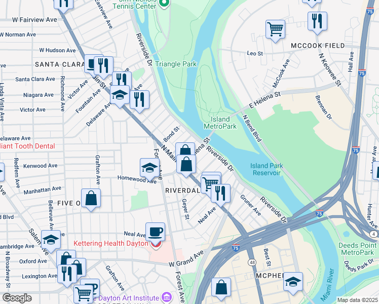 map of restaurants, bars, coffee shops, grocery stores, and more near 26 East Helena Street in Dayton