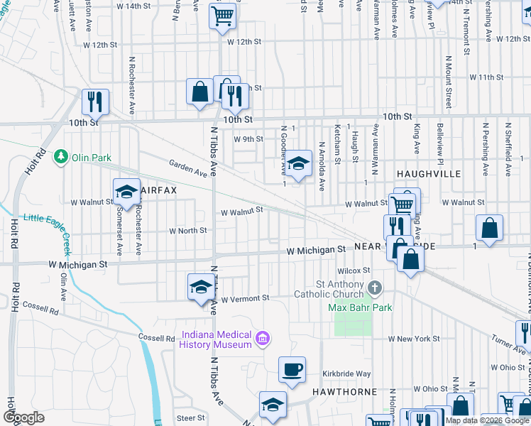 map of restaurants, bars, coffee shops, grocery stores, and more near 538 North Goodlet Avenue in Indianapolis